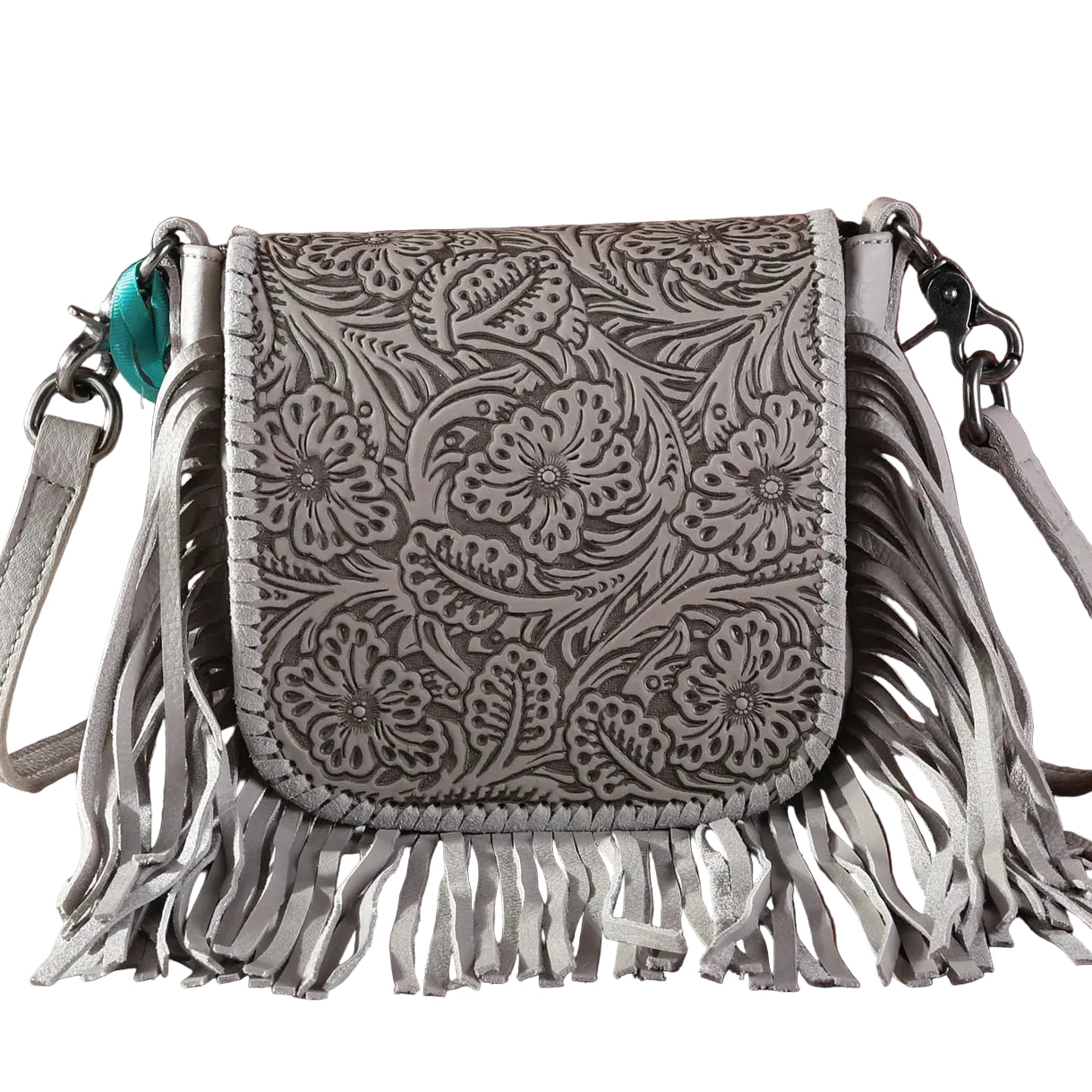 Trestles Clothing Company grey leather crossbody bag with floral tooling, whipstitch trim, and long fringe detail